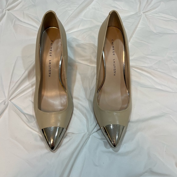 Nude Leather Silver Metal Pointy Toe Heels - Picture 2 of 6